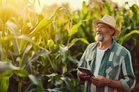 Farmer stands in front of his corn field holding a tablet adult happy agriculture.