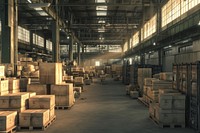 A large indoor warehouse with lots of boxes architecture building factory.