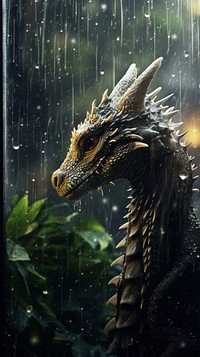 A rain scene with dragon animal wildlife darkness.