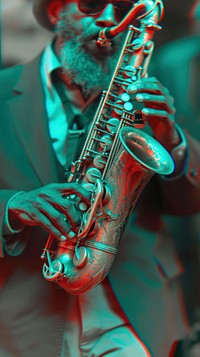 Anaglyph musician playing saxophone red performance trumpet.