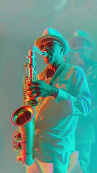 Anaglyph musician playing saxophone adult saxophonist performance.