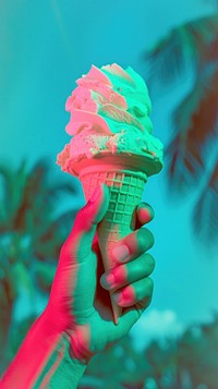 Anaglyph hand holding icecream cone dessert green food.
