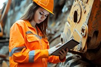 Female engineer working with tablet hardhat helmet engineering.