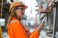 Female engineer working with tablet hardhat helmet architecture.