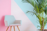 Pastel geometric retro wall furniture armchair plant.