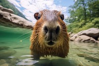 Capybara looking up at camera in onzen animal wildlife mammal.