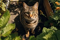Tabby catlooking up at camera in garden animal pet outdoors.