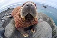 Walrus looking up at camera on stone animal mammal rock.