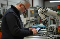 Human using a tablet at a robotic arms manufacture factory manufacturing adult concentration.