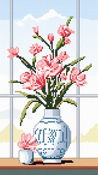 Cross stitch flower vase embroidery pattern window.