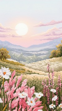 Cross stitch rabbit landscape nature flower.