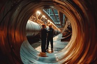Man inspects massive pipe with other men in the factory adult infrastructure architecture.