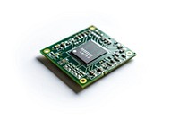 Quantum computer chip white background microcontroller motherboard.