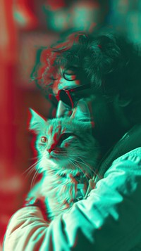 Anaglyph man with his cat photography portrait mammal.