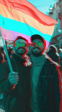 Anaglyph smiling men laughs outside flag person adult.