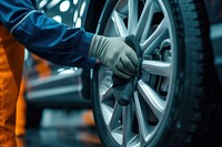 Car service worker polishing car wheels with microfiber cloth vehicle spoke adult.