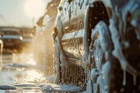 Manual car wash with white soap outdoors vehicle snow.