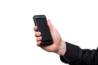 Person holding cellphone white background photographing portability.