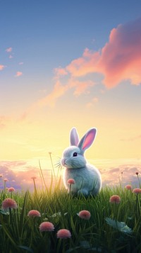 Rabbit on green grass sky grassland outdoors.