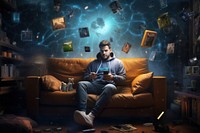 Man sitting on sofa and play games furniture computer adult.