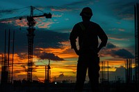 Engineer next to construction site backlighting silhouette hardhat.
