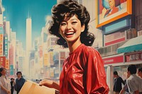 Smiling young Asian woman holding shopping bag smiling adult city.