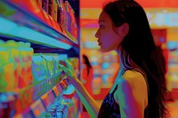 Asian female shopping consumerism supermarket technology.