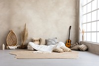 Interior space decorated in Bohemian style cushion pillow architecture.