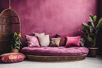 Interior space decorated in Bohemian style furniture cushion pillow.