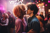 Queer girl couple kissing adult party.