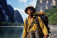 Thai man bagpacker backpacking adventure outdoors.