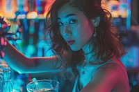 Young asian woman adult blue bar.