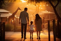 A family with little kid visiting zoo outdoors walking light.