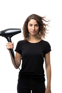 A person holding a hair dryer adult white background hairstyle.