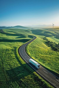 Truck driving on road outdoors windmill vehicle.