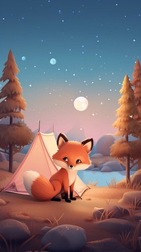Cute fox camping cartoon outdoors.