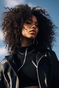 Fashion photo shoot black women with sky photography portrait jacket.