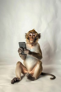 Monkey holding smartphone animal photography wildlife.