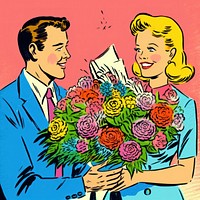 Comic of person holding bouquet drawing flower adult.