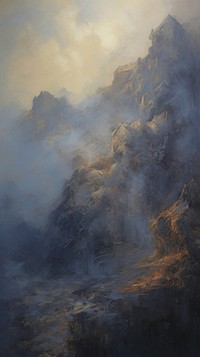 Acrylic paint of mountain painting nature smoke.