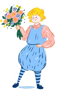 Doodle illustration person holding bouquet cartoon drawing sketch.