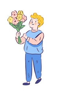 Doodle illustration person holding bouquet cartoon drawing sketch.