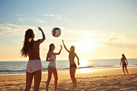 Group young Friends Playing Volleyball On Beach volleyball vacation sports.