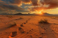 Desert with footprints landscape panoramic outdoors.