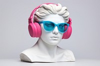 Ancient Woman Statue White Stone Greek wearing colored sunglasses and headphones adult woman electronics.