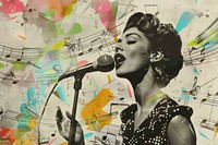 Paper collage of woman microphone music musician.