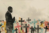 Paper collage of man cross painting praying.