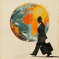 Paper collage of man traveling silhouette globe art.