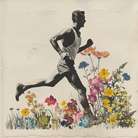 Marathon runner with colorful vintage flowers painting plant art.