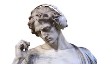 Ancient Greek sculpture of wearing headphones statue art white background.